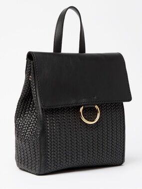 Roots Black Bardo Leather Woven Backpack Purse